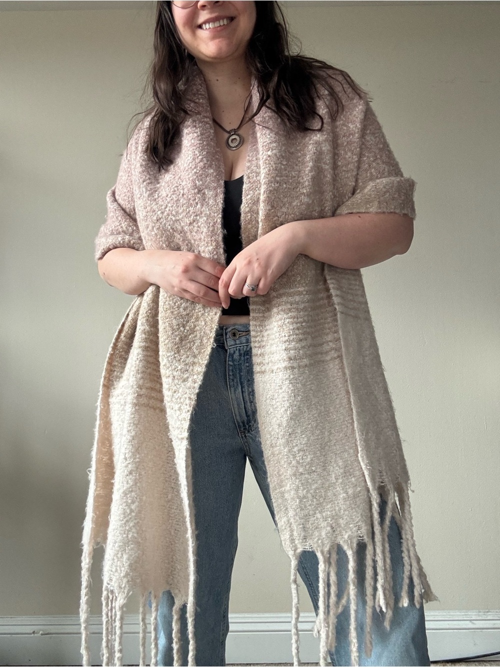 Mer Sea Cozy Fringe Knit Shawl Cardigan Scarf- Soft Beige/Pink